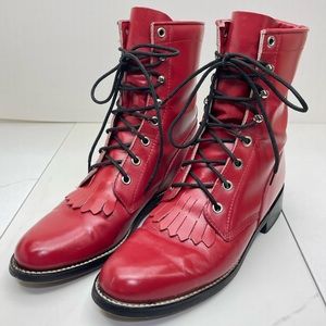 JUSTIN BOOTS LACE-UP COWBOY BOOTS RED LEATHER WOMENS 6B BLACK LACES DIAMOND J